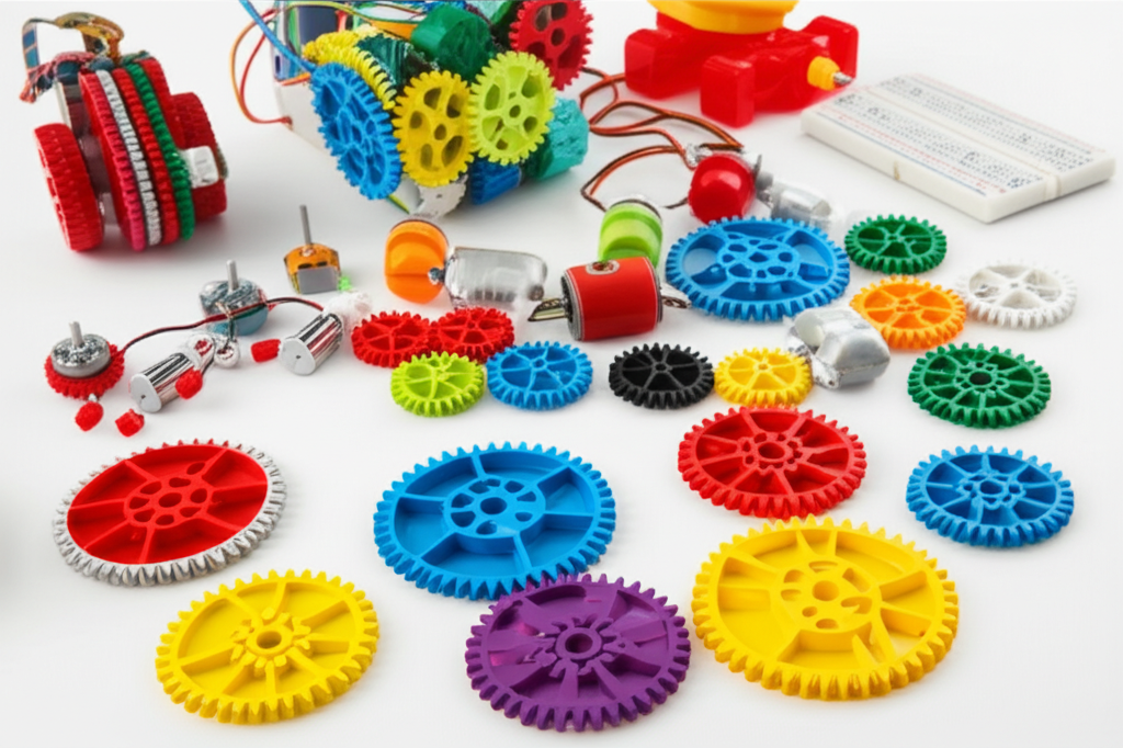 STEAM robotics kit with motors, gears, and building materials
