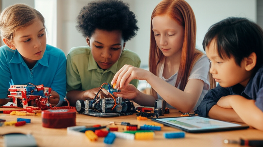 Child proudly showing their completed robot project